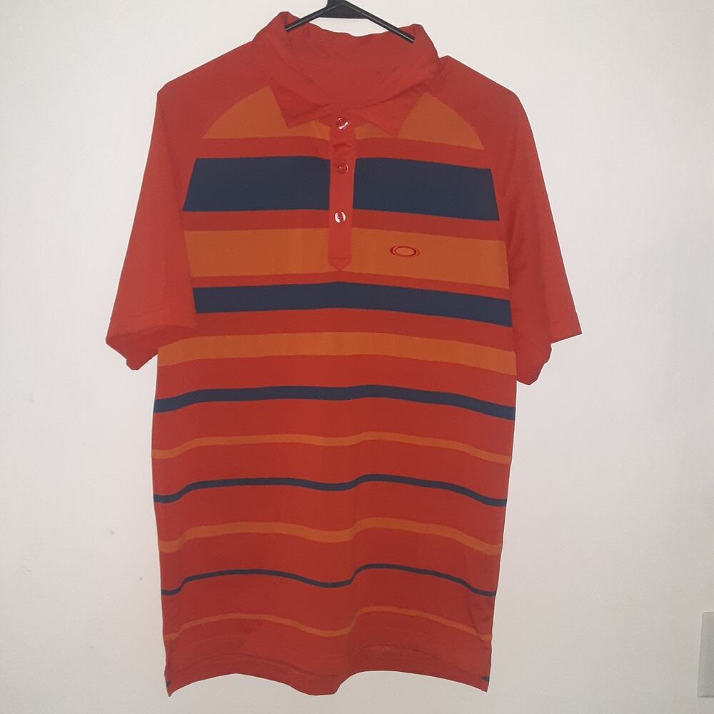 Oakley Pullover Shirt Mens M Orange Blue Striped Short Sleeve Regular Fit